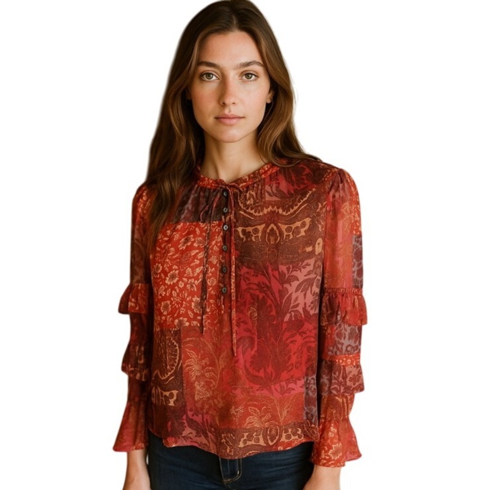 FRYE & CO Women's Blouse Patchwork Burnout Boho Ruffled Sleeve Red Small